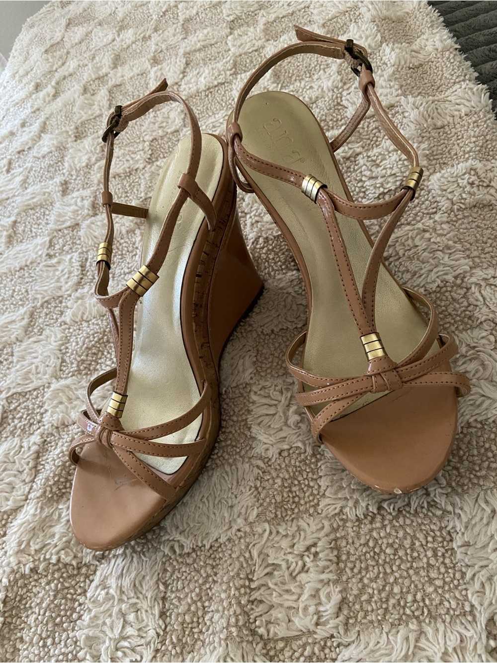 a.n.a Tan Strappy Wedge Sandals with Gold Accents